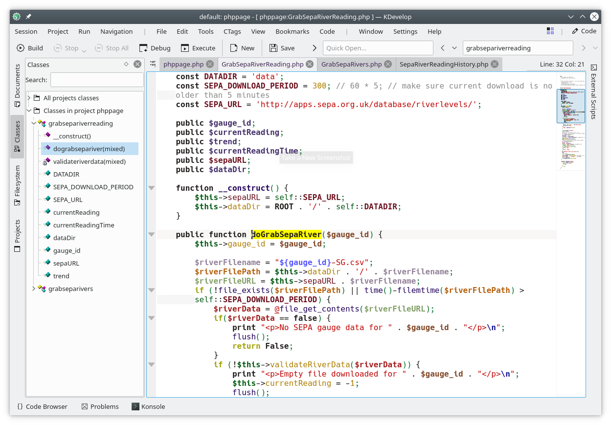 Screenshot of KDevelop PHP Support