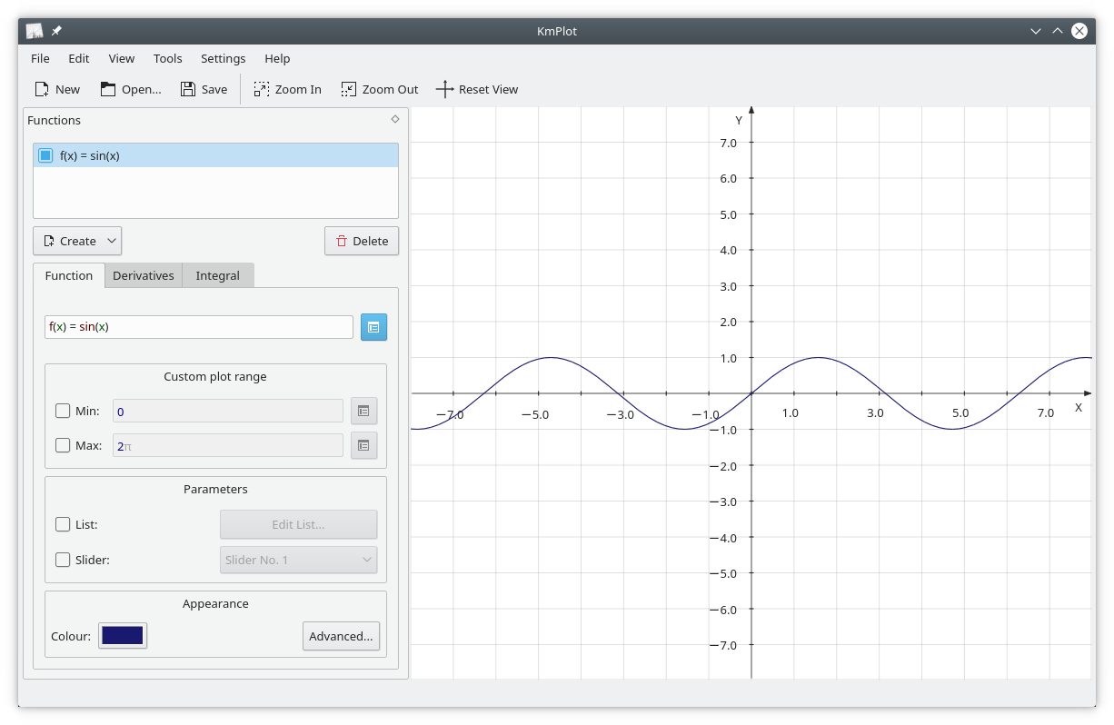 Quadratic function, its derivative and integral plotted with KmPlot