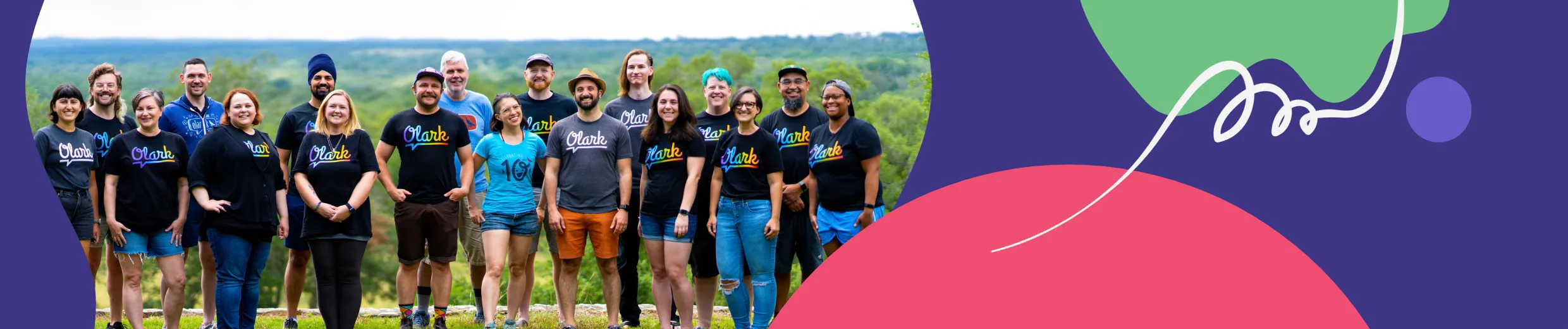 A banner graphic featuring a photo of the Olark team wearing rainbow logo shirts.