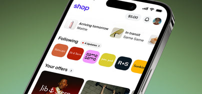 Shop App on a phone, over a green gradient background