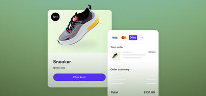 Graphic collage showing a sneaker and the Shopify Checkout screen on a green gradient