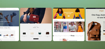 A view of 4 Shopify online storefronts on a green gradient background.