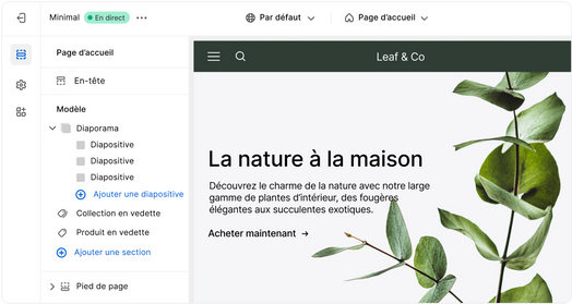 Page de destination d’un site web ouverte dans une interface utilisateur de créateur de boutique.