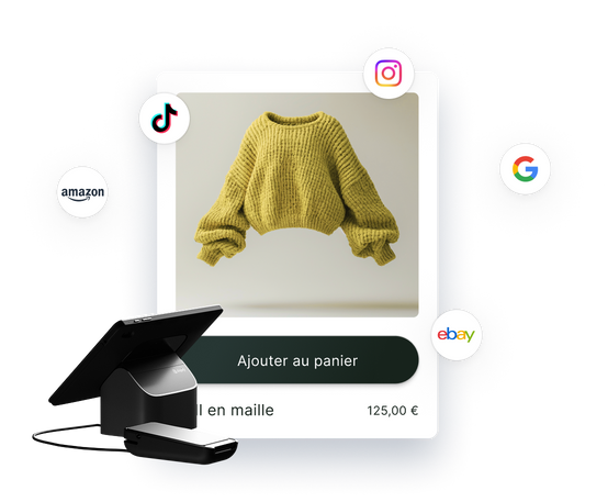 Collage d’images. L’une d’entre elles montre une vignette de site web comportant un bouton Ajouter à la carte et un pull jaune tricoté. Le prix indiqué est de 121 €. Une autre image montre un POS terminal. Les images sont entourées de logos qui illustrent la possibilité de connecter une boutique Shopify à plusieurs places de marché en ligne telles qu’Amazon, Walmart, eBay et Etsy.