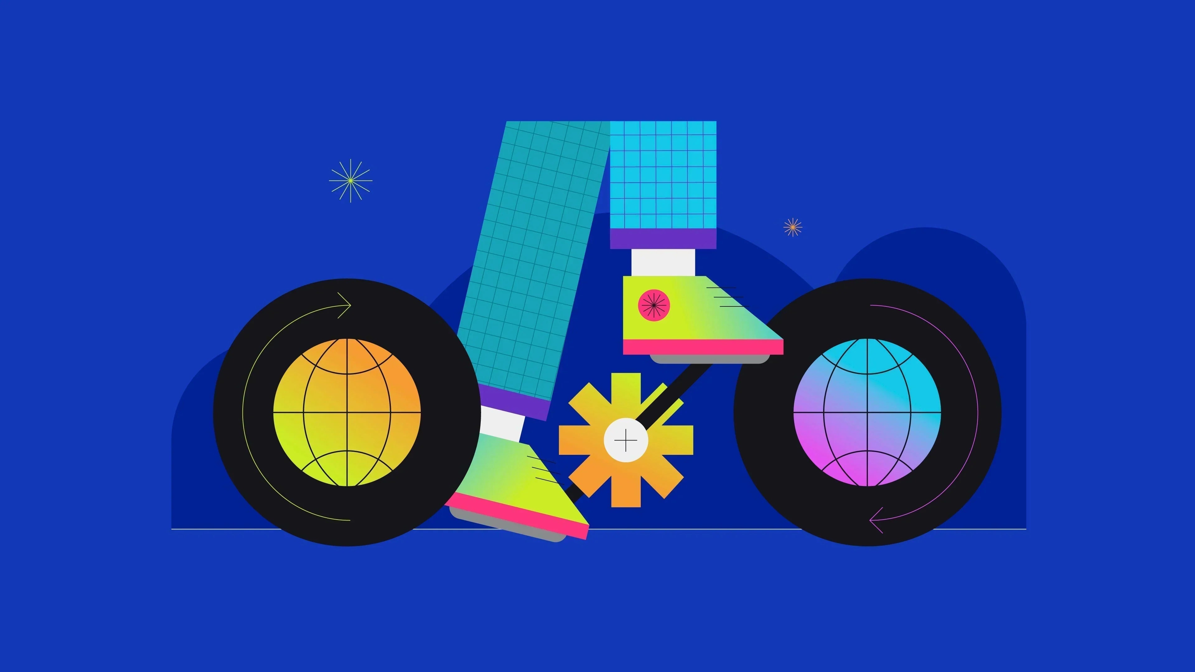 Colorful illustration of legs in teal grid pants and neon shoes pedaling a bike; wheels are globes with circular arrows and a yellow cog on a blue background.