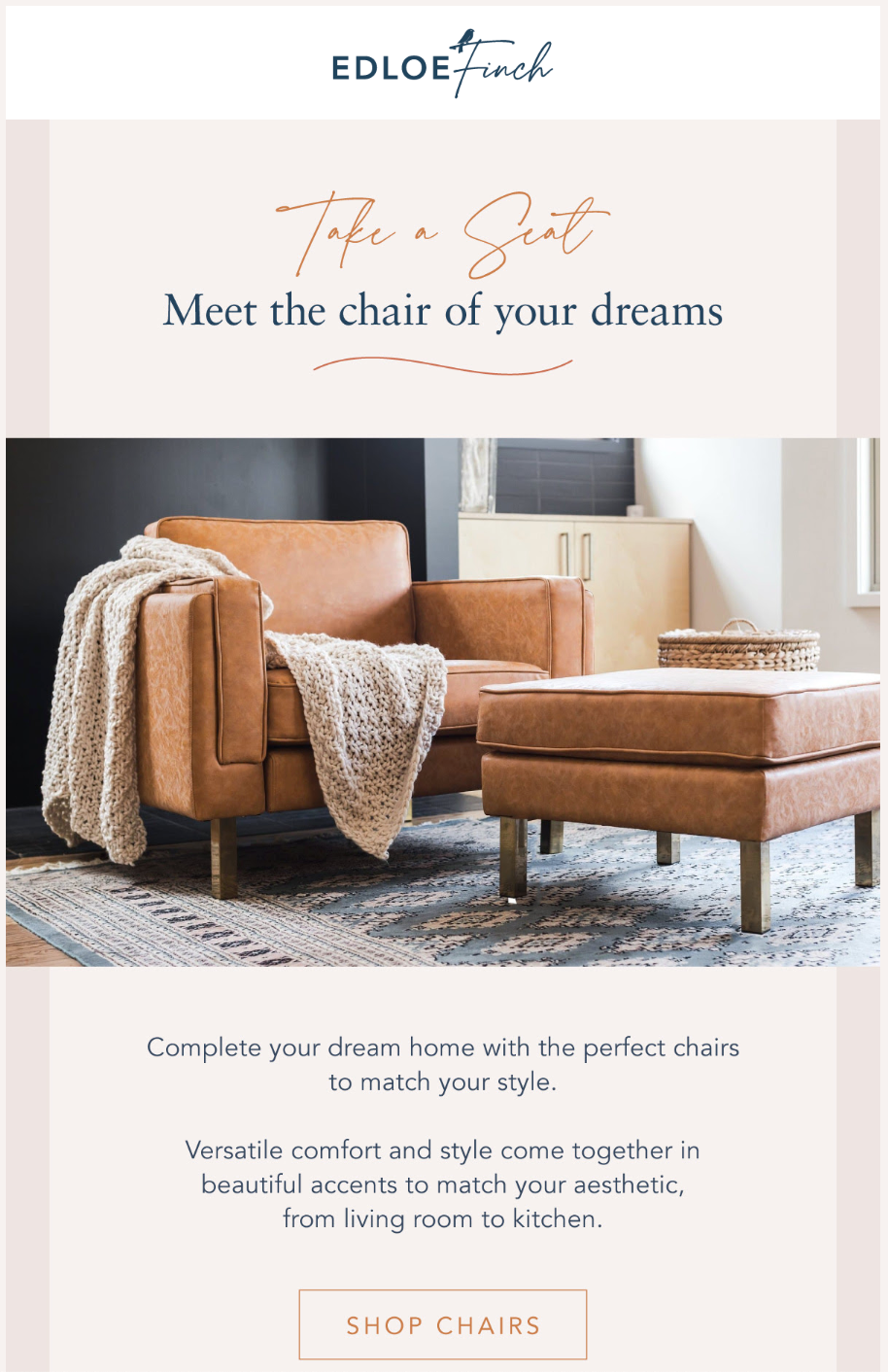 Email hero showing a tan leather armchair and matching ottoman on a patterned rug with a chunky knit throw draped over the arm; header text reads "Take a Seat — Meet the chair of your dreams" with a "Shop Chairs" button below.