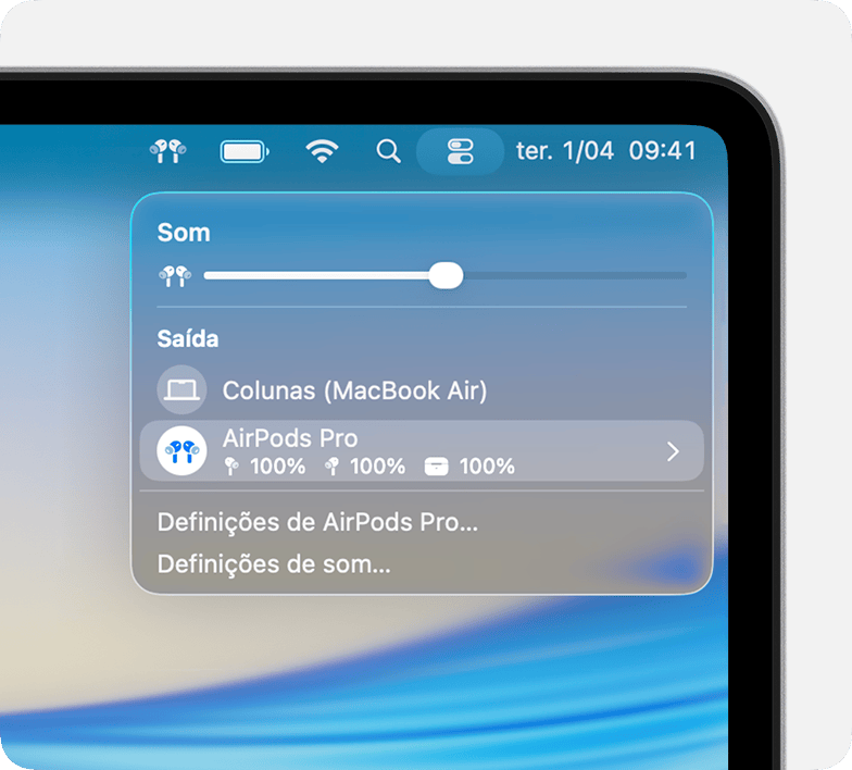 Níveis de bateria dos AirPods Pro e da caixa de carregamento na Central de Controlo no Mac.