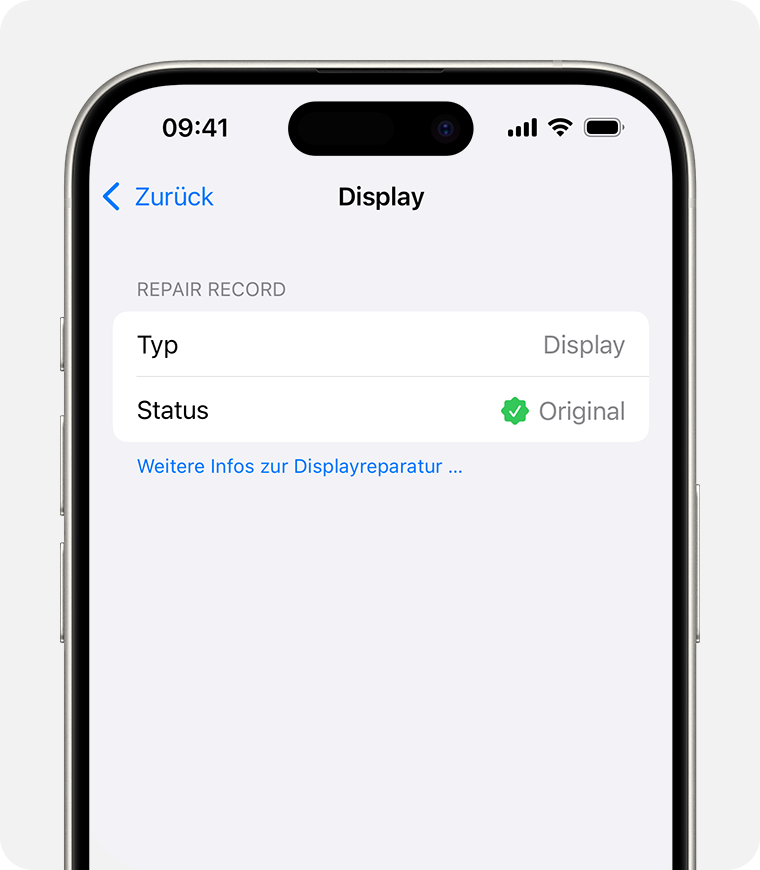 Der Informationsbildschirm für Apple-Originalteile für das Display