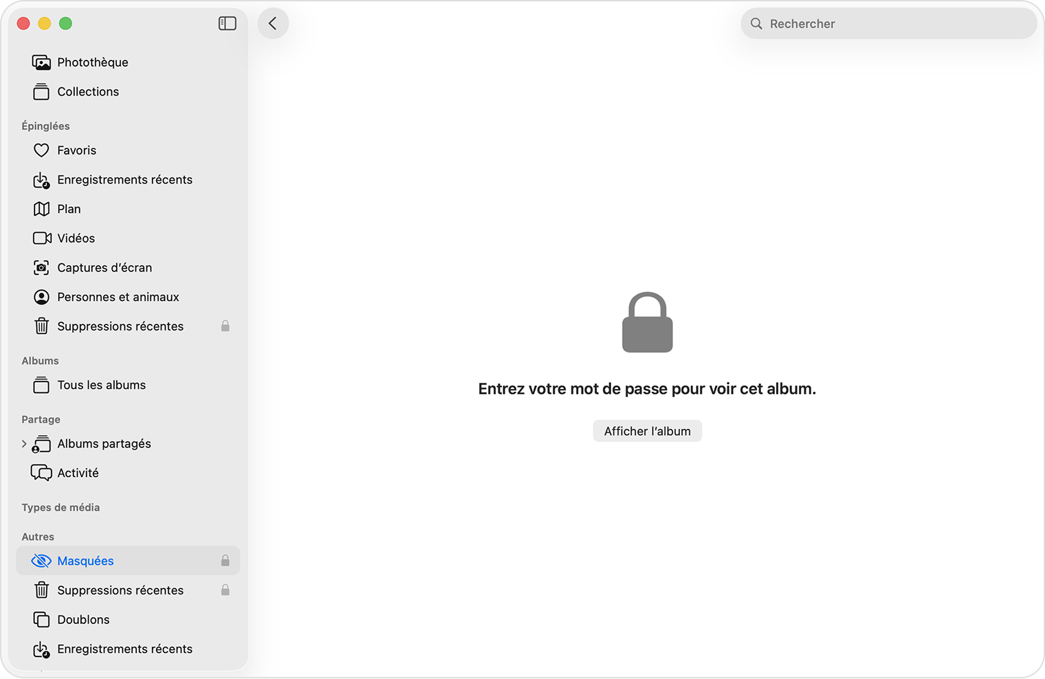 Album Masquées en surbrillance dans l’app Photos de macOS.