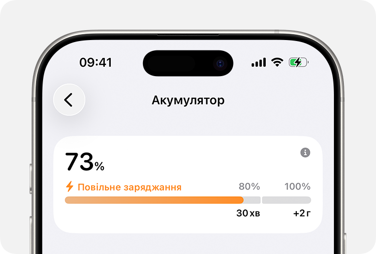Екран «Параметри акумулятора» з повідомленням «Повільний зарядний пристрій».