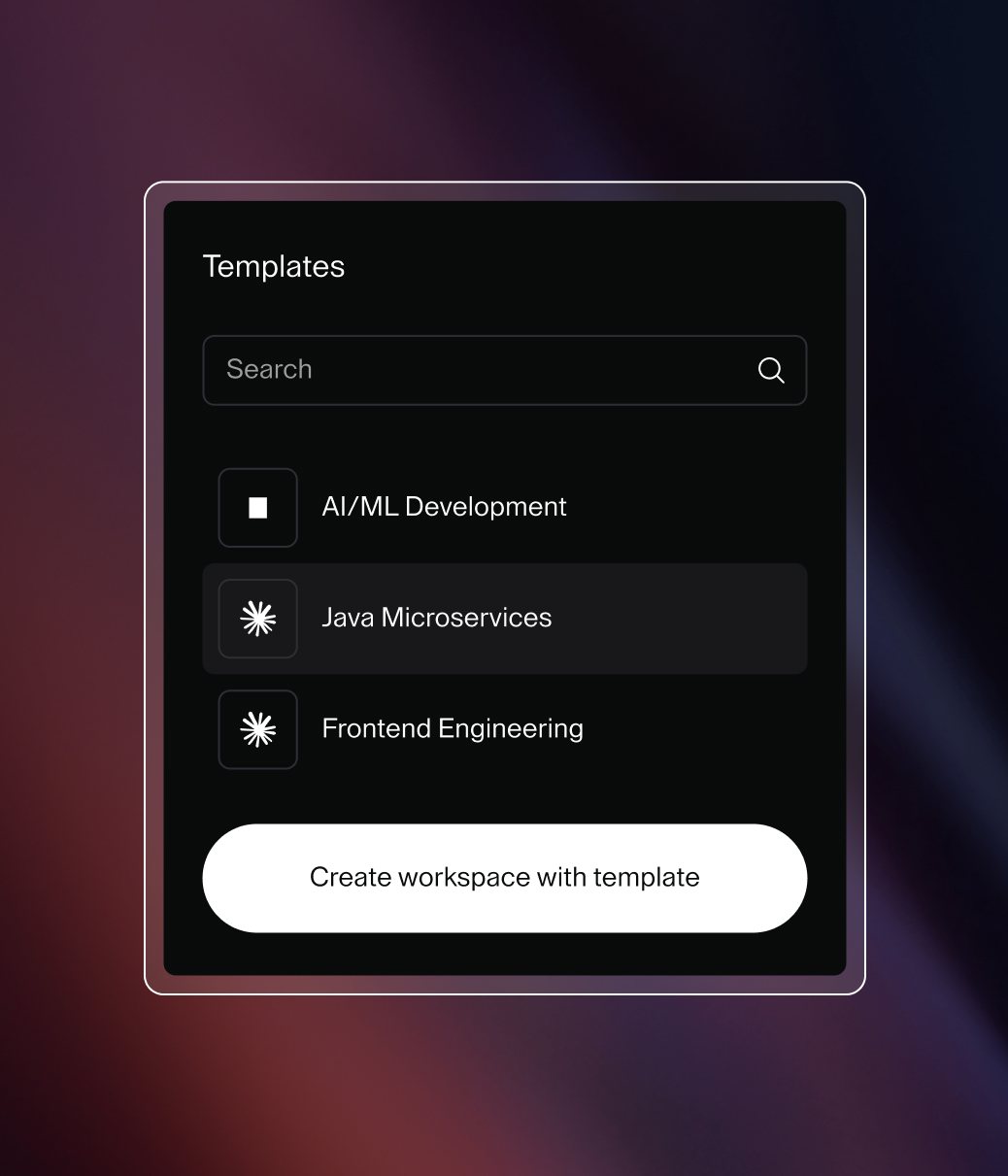 Template search UI. Example templates: AI/ML Development, Java Microservices, Frontend Engineering. Button at the bottom says 'Create workspace with template'.