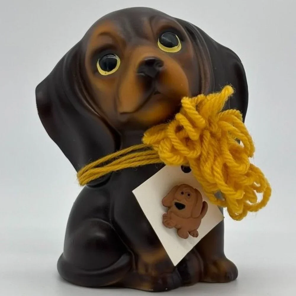 Vintage Nanco Ceramic Puppy Figurine Dark Brown W/Yellow Bow & Puppy Lapel Pin~~ - Picture 1 of 9