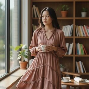ENTRO Dusty Rose Tiered V-Neck Long Sleeve Dress