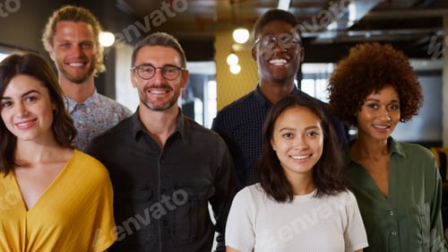 Preview: Portrait Of Smiling Multi-Cultural Business Team In Modern Open Plan Office Together