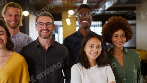 Preview: Portrait Of Smiling Multi-Cultural Business Team In Modern Open Plan Office Together