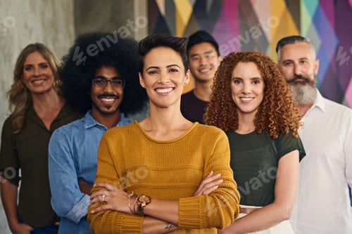 Preview: Happy Smiling Colleagues Standing Together in Modern Workplace