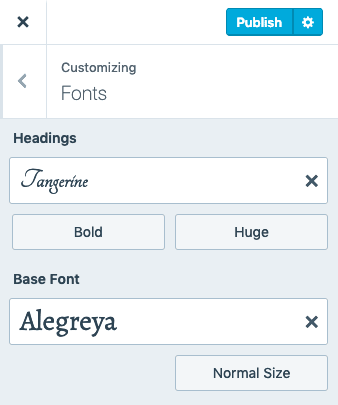 Panel Font Khusus dengan pilihan Judul yang diatur menjadi font Tangerine, gaya font diatur menjadi tebal, dan ukurannya diatur menjadi besar.