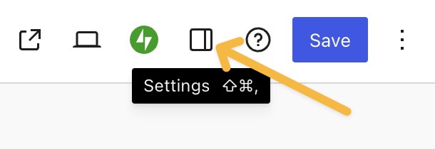 An arrow pointing to the "Settings" icon in the top right of the WordPress Editor.
