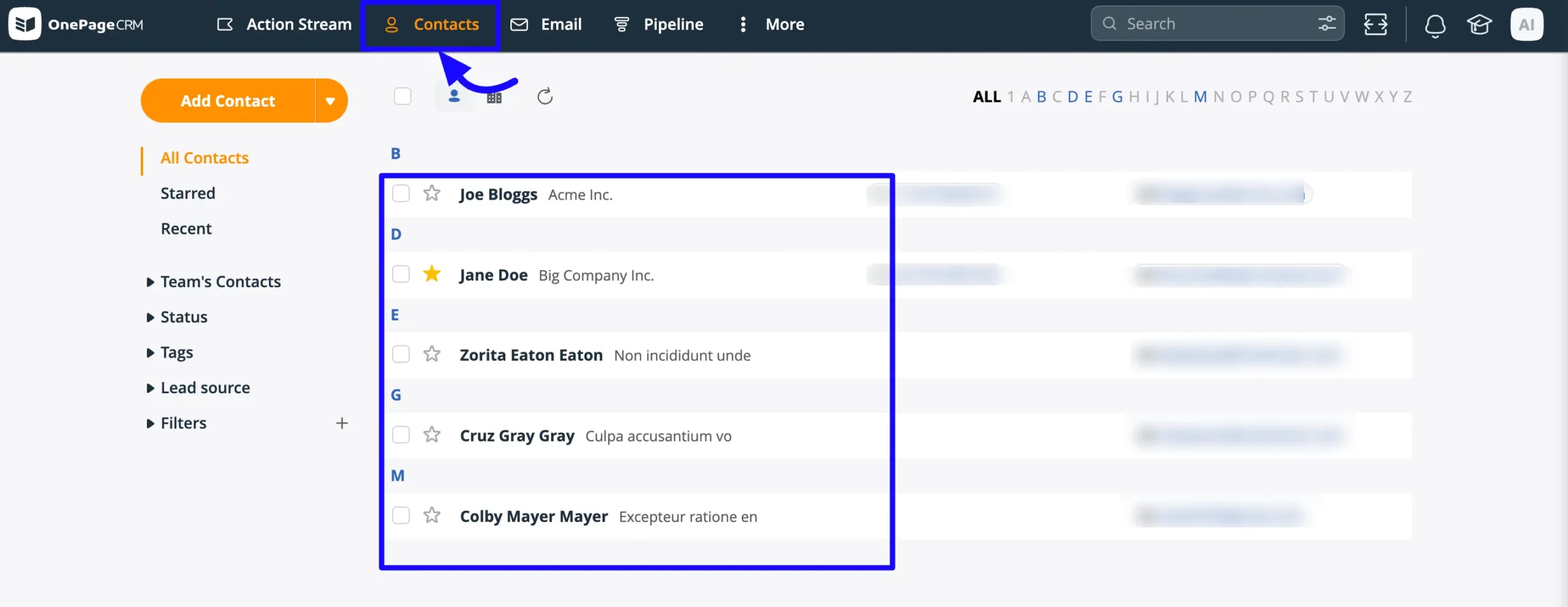 Contacts of Onepagecrm 13 scaled 47170