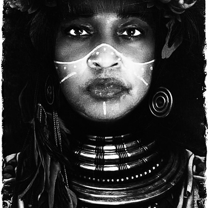 "Tribal Reality." | $3250 | Black and white self-portrait, photomontage and digital painting. Printed on vegan leather, 3’ x 3.’ | #Techspressionist #Gullah art | © 2017 Verneda Lights.