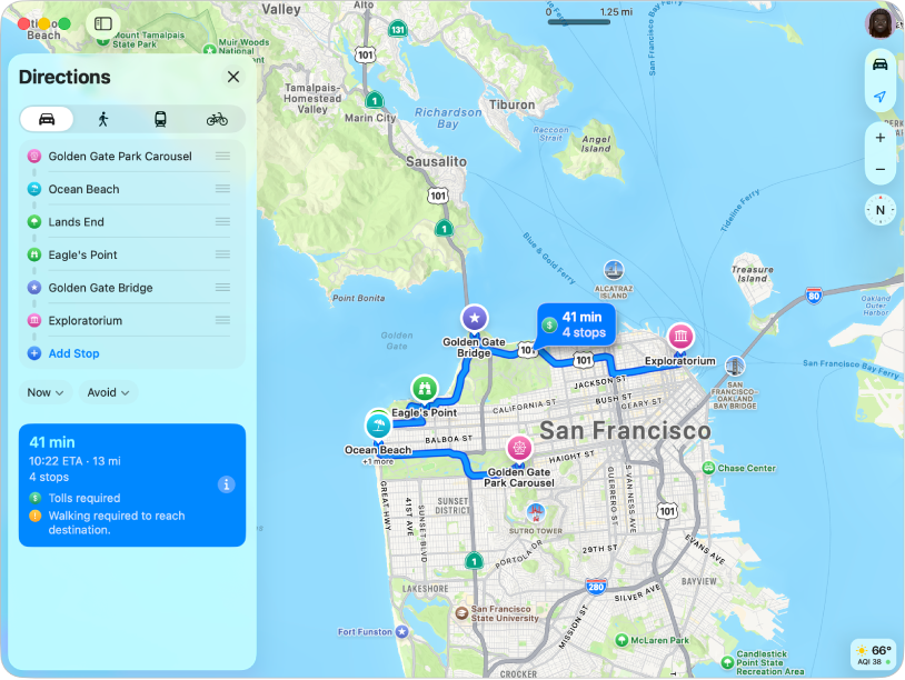 Una mappa di San Francisco con un itinerario con più tappe.