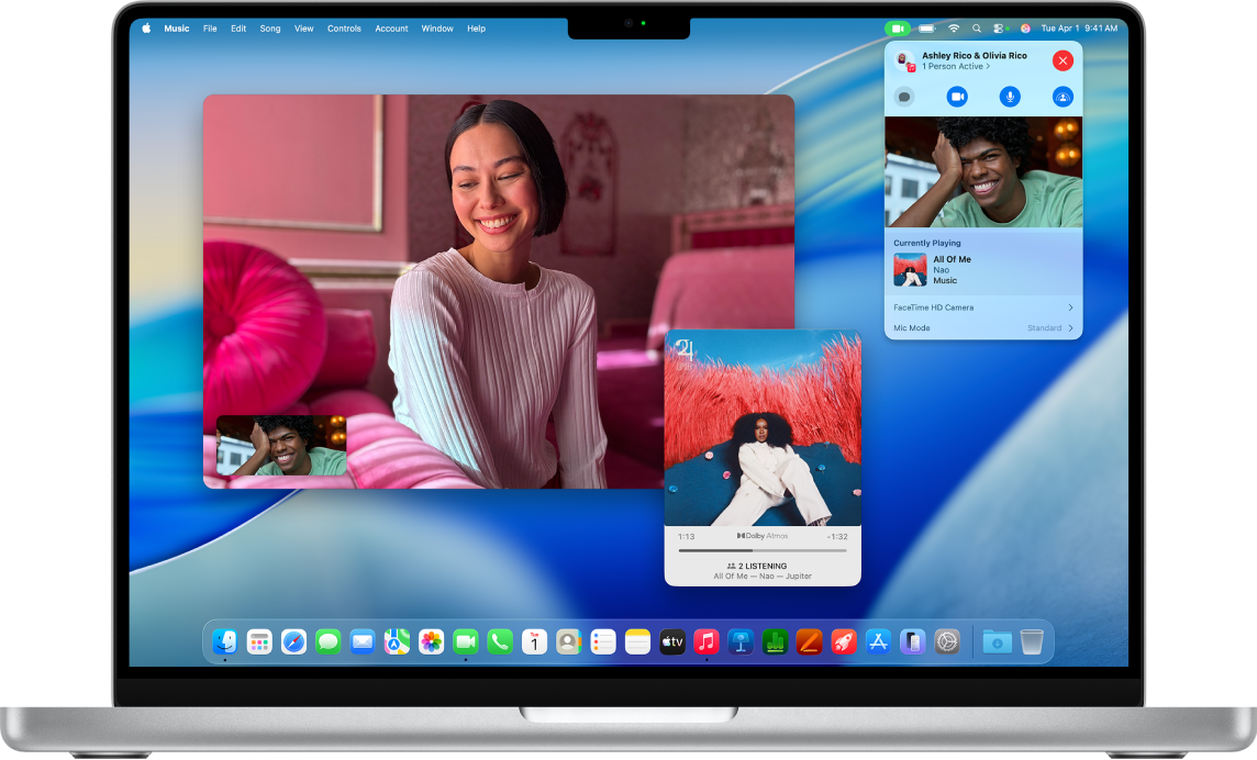 Le bureau affichant deux participants écoutant un morceau à l’aide de SharePlay pendant un appel FaceTime.