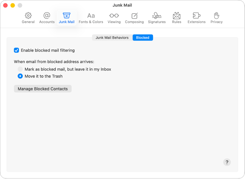 The Blocked pane in Mail settings. The checkbox to enable blocked mail filtering is selected, as is the option to move blocked mail to the Trash.