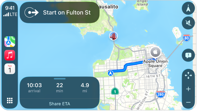 CarPlay showing Maps, Music, and Calendar in the Sidebar. On the right is a navigation route from Apple Park to Apple Union Station.
