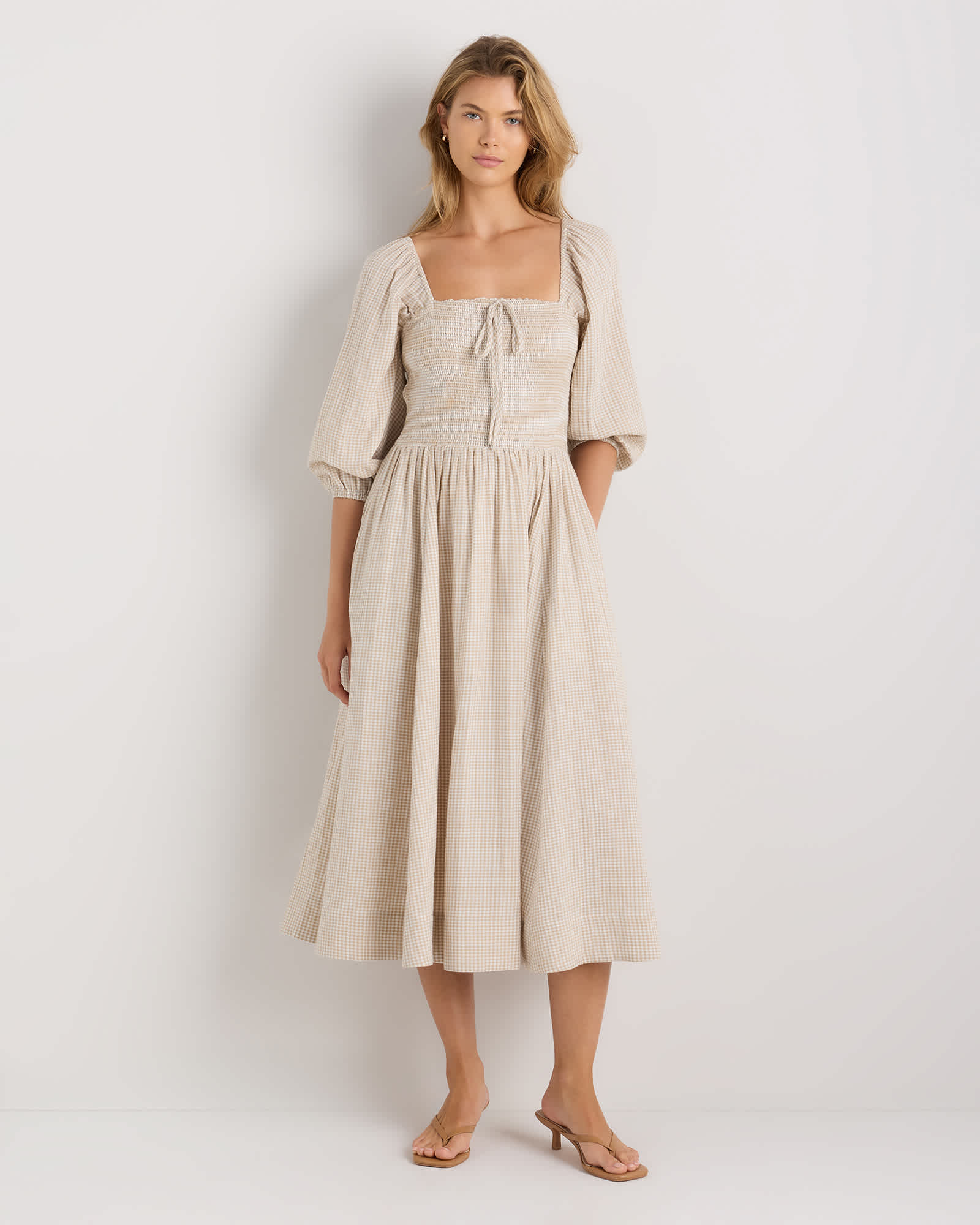 Khaki Gingham 100% Organic Cotton Gauze Smocked Square Neck Midi Dress