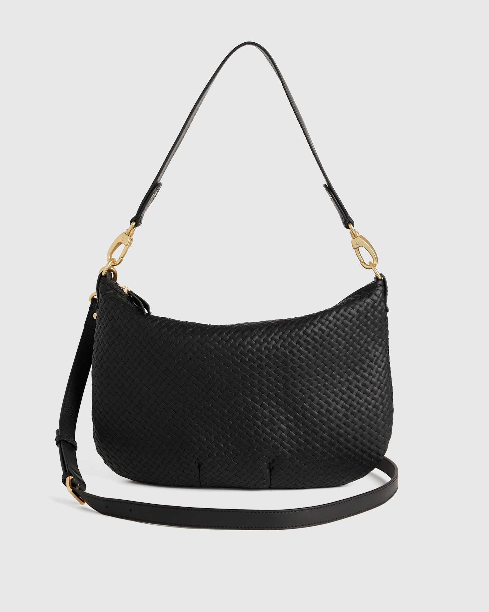 Black Italian Leather Convertible Crescent Handwoven Shoulder Bag
