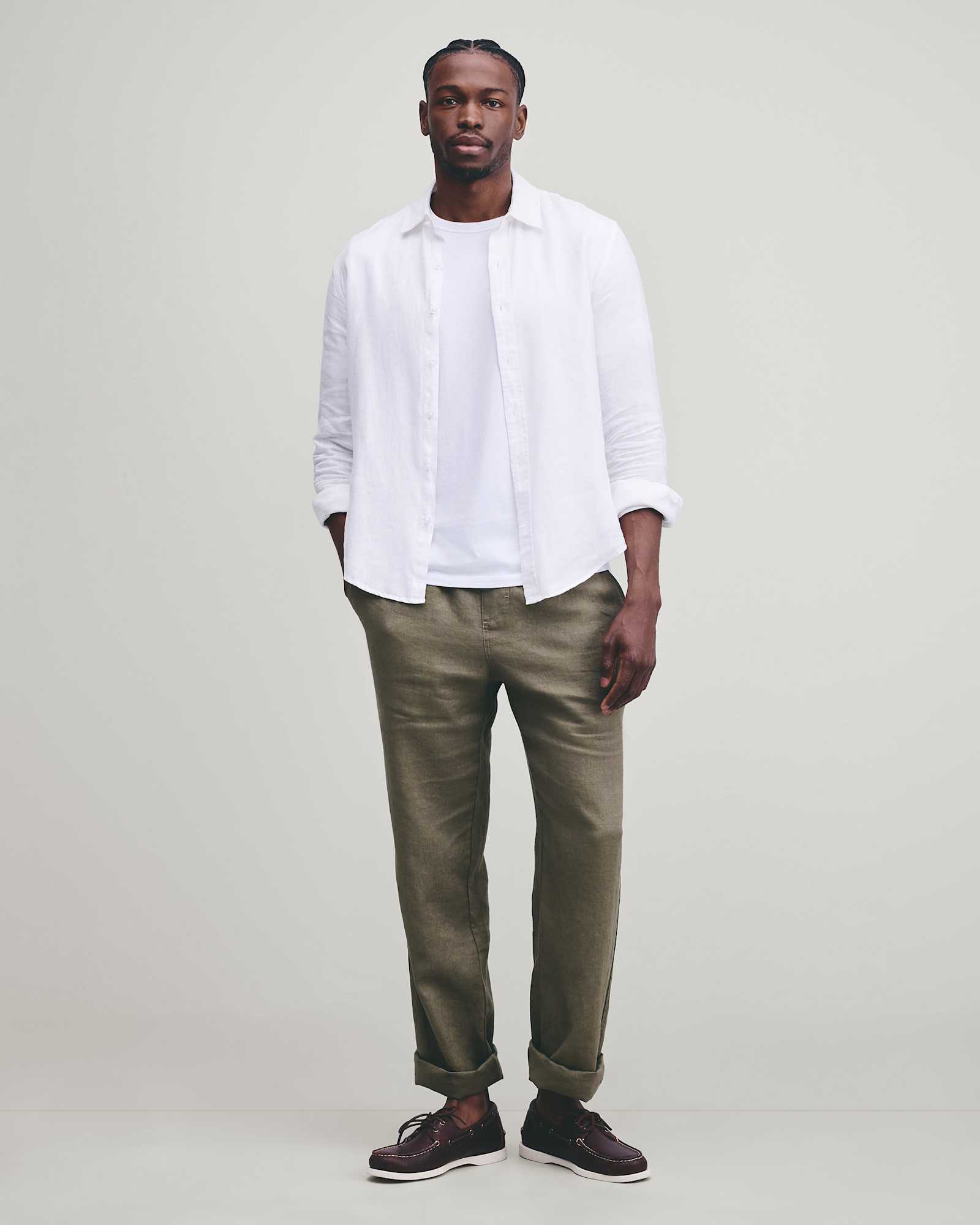 White 100% European Linen Relaxed Long Sleeve Shirt