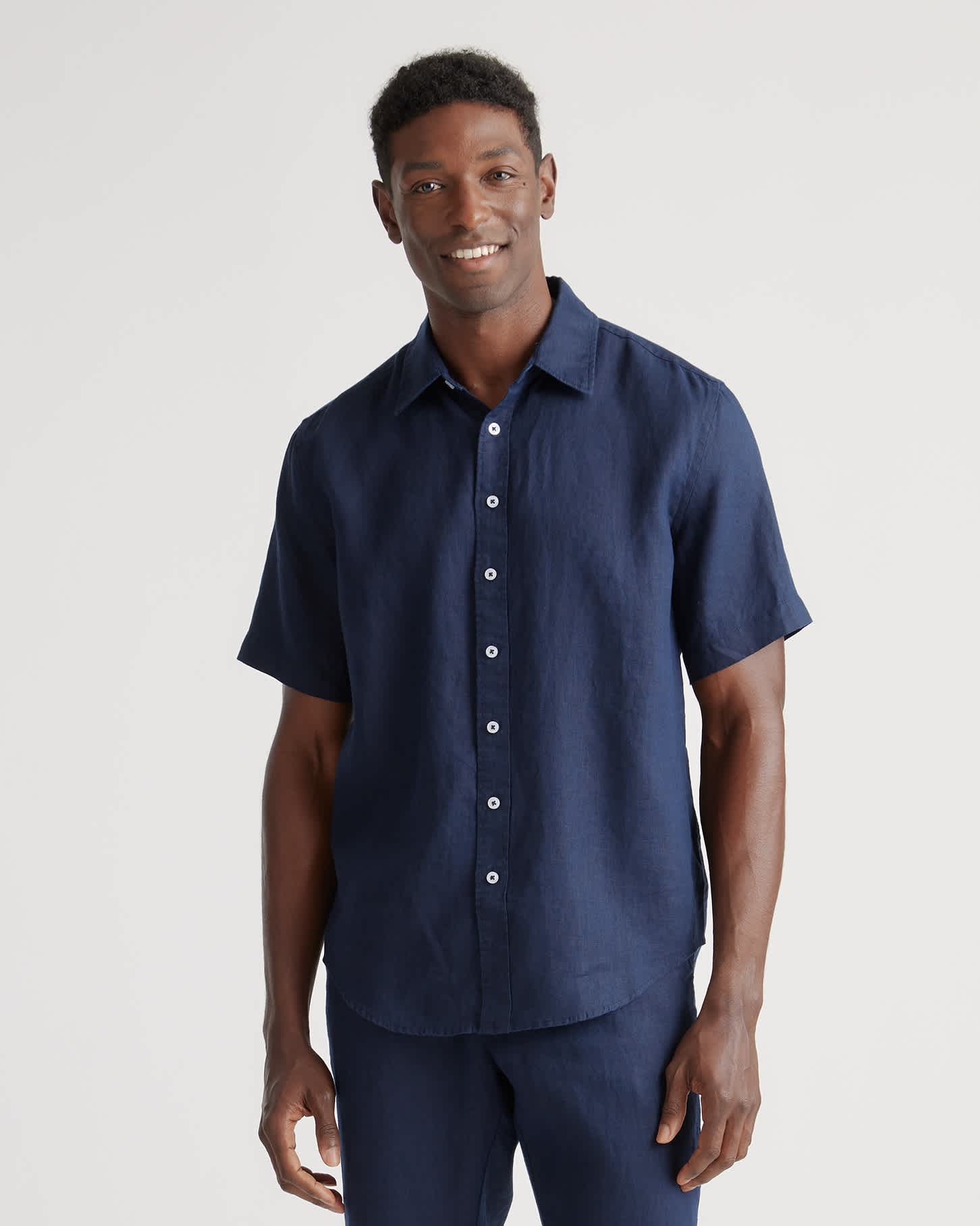 Deep Navy 100% European Linen Relaxed Short Sleeve Shirt