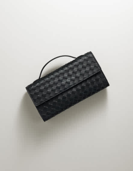Black Italian Leather Handwoven Top Handle Clutch