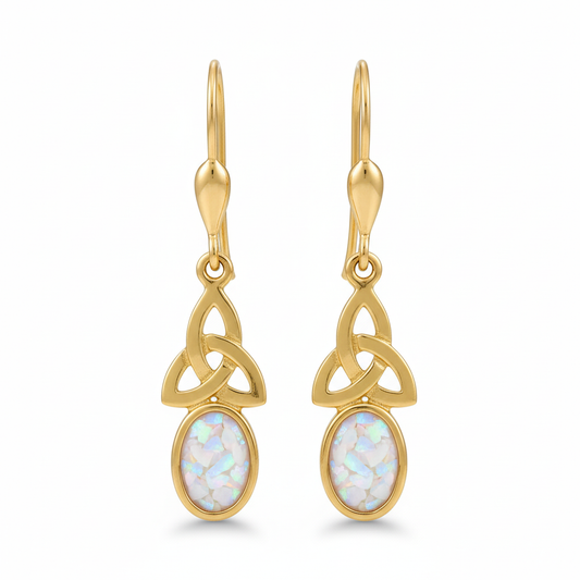 9ct gold Celtic trinity knot drop earrings with white pearl iridescent opal flakes – white background