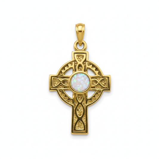 9ct gold Celtic cross memorial pendant with white pearl iridescent opal flakes – white background