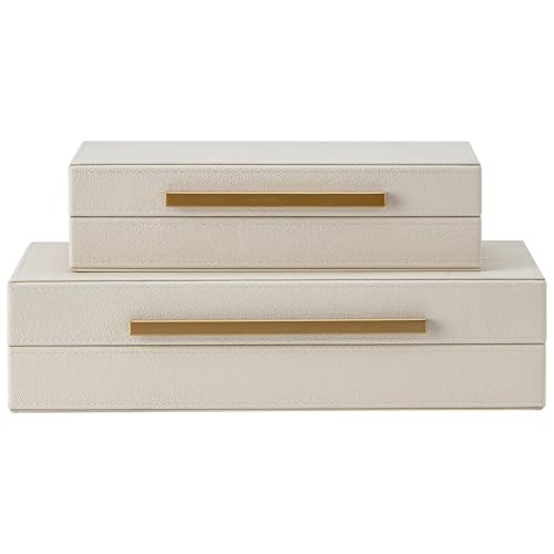 Set of 2 Beige Shagreen Decorative Storage Boxes with Gold Metal Handles – Faux Leather Jewelry & Memory Boxes, Nesting Photo Organizers for Home Decor