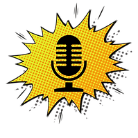 comic yellow and orange burst with microphone in center