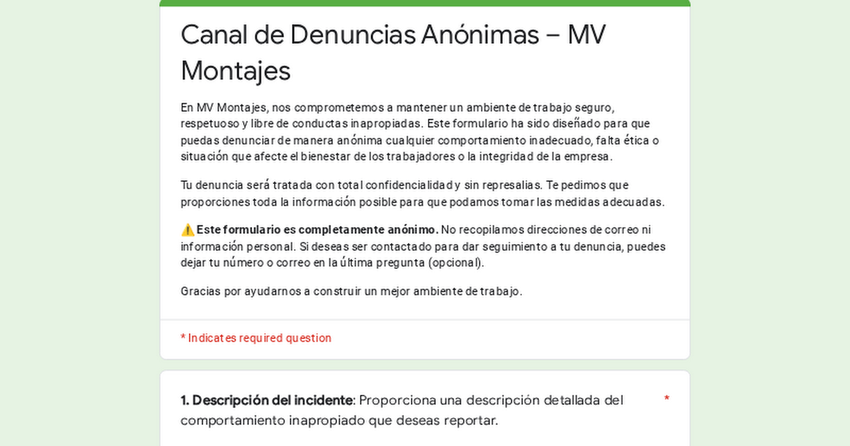 Canal de Denuncias Anónimas – MV Montajes