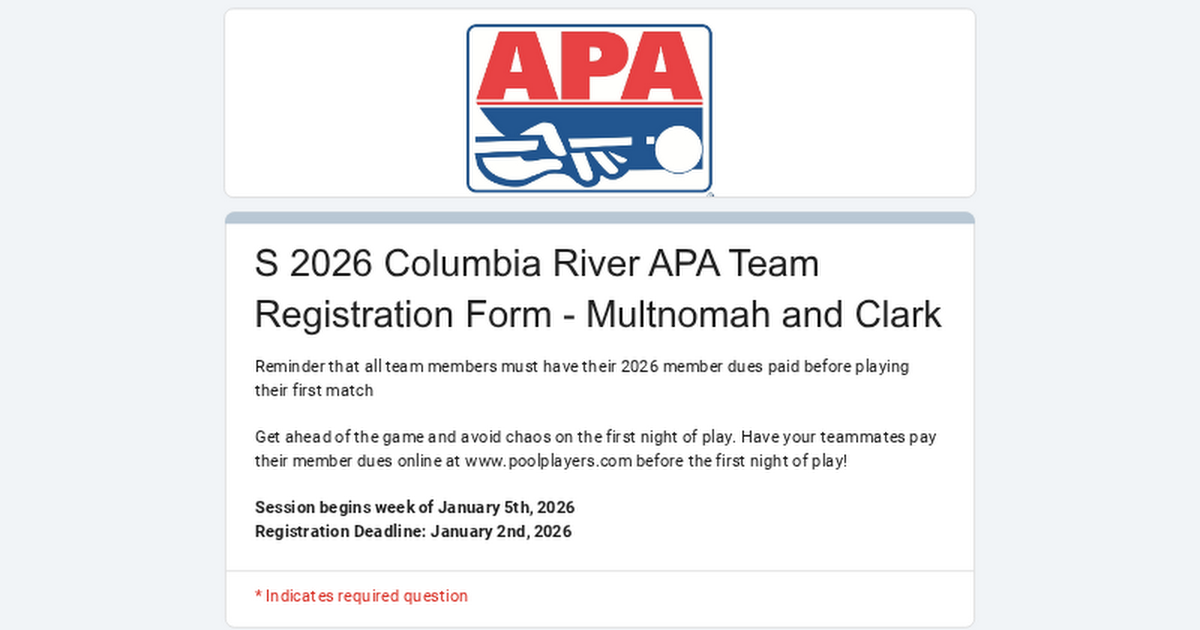 8-Ball/9-Ball/Ladies Team - Summer 2026 Registration Form