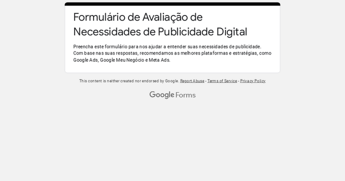 Formulário de Avaliação de Necessidades de Publicidade Digital