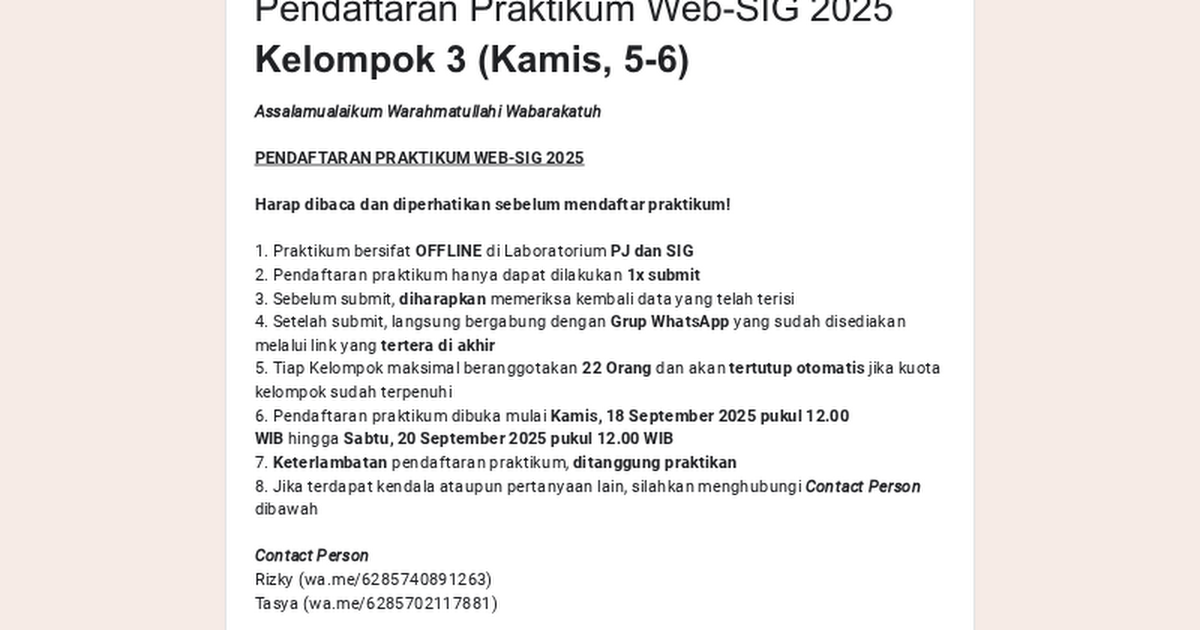 Pendaftaran Praktikum Web-SIG 2025 Kelompok 3 (Kamis, 5-6)