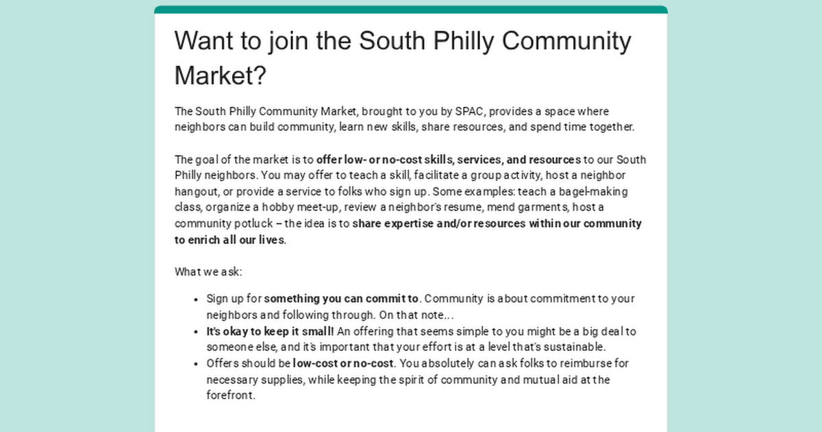 Have an offering for the South Philly Community Market?