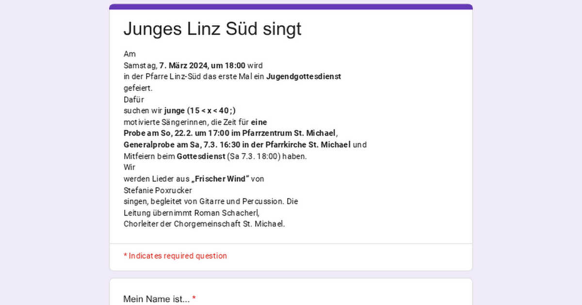 Anmeldung: Junges Linz Süd singt