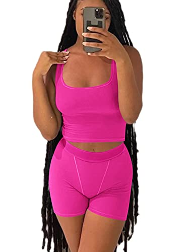AYWA Casual Workout Sets Two Piece Outfits for Women Ribbed Crop Tank Top High Waist Leggings Active Wear (Fuchsia-shorts, X-Large)