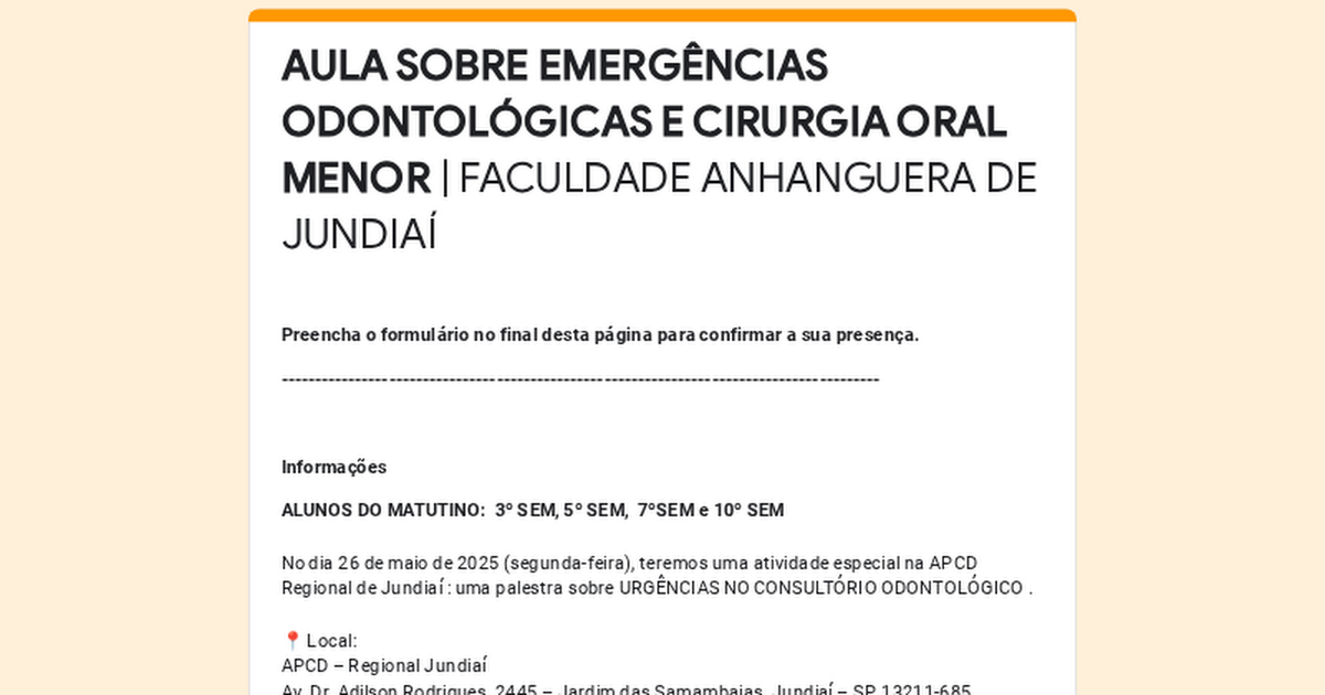 AULA SOBRE EMERGÊNCIAS ODONTOLÓGICAS E CIRURGIA ORAL MENOR | FACULDADE ANHANGUERA DE JUNDIAÍ