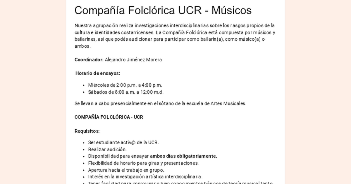 Audición I Semestre 2026 Compañía Folclórica - Músicos
