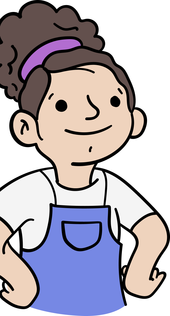Illustration of young girl with hands on hips. She's smiling and has brown hair with a purple hair tie.