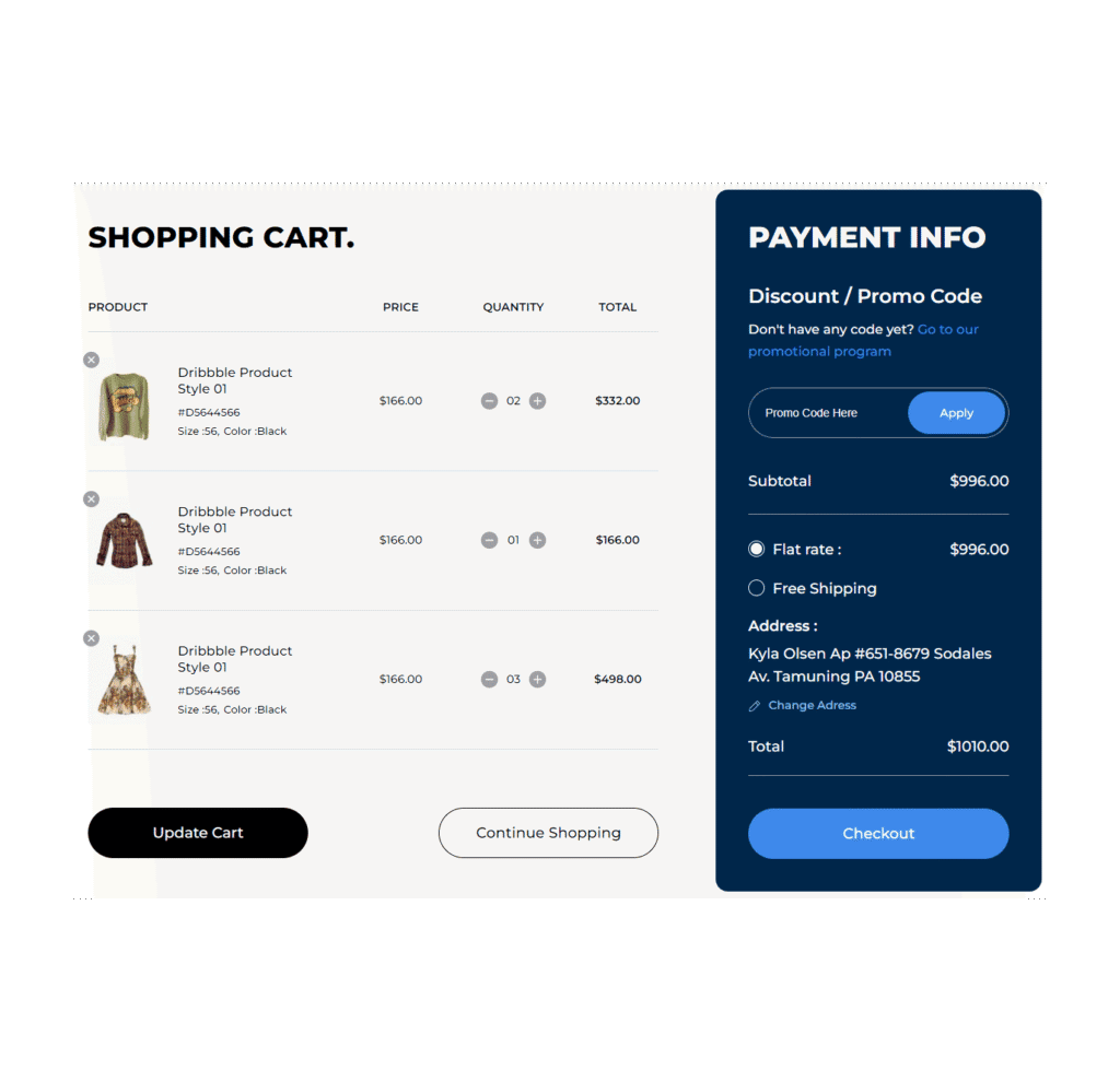 Modern shopping cart with a light background, right-aligned dark blue payment info panel including a promo code field and total price breakdown.
