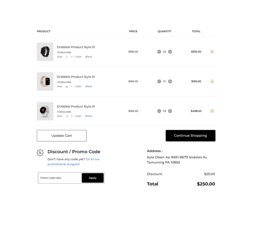 Minimalistic cart layout with product thumbnails, quantity controls, and a black checkout button; includes a promo code section and delivery details.