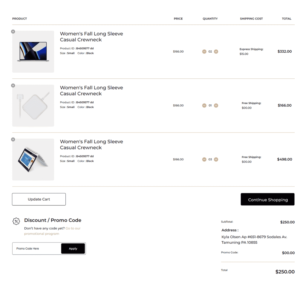 Clean cart template displaying fashion items in a vertical list with subtotal and promo code section at the bottom right, styled with soft shadows and spacing.